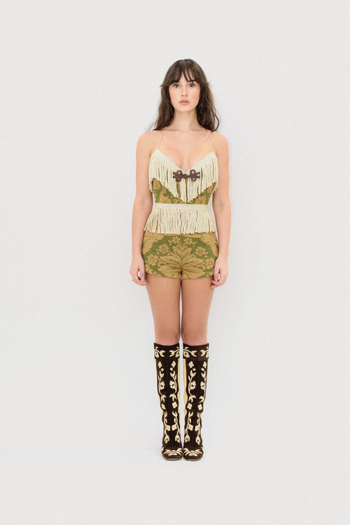 Brocade Fringe Corset Top - Forest