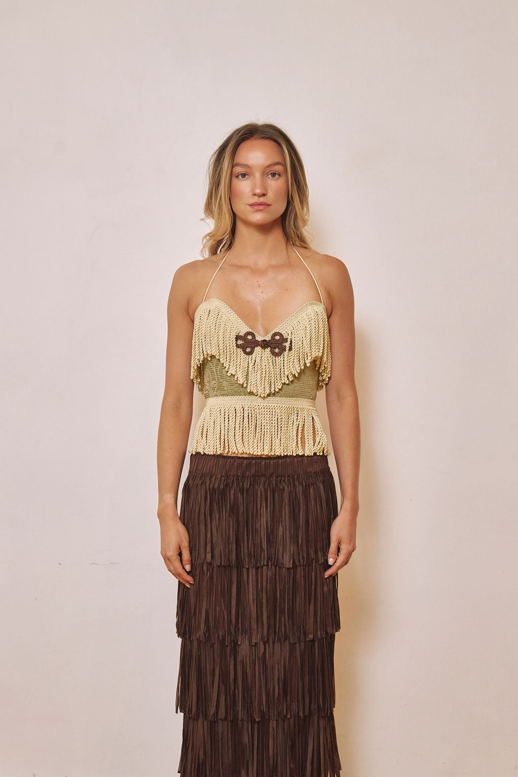 halter strap blue brocade fringe top adjustable lace back front frog closure