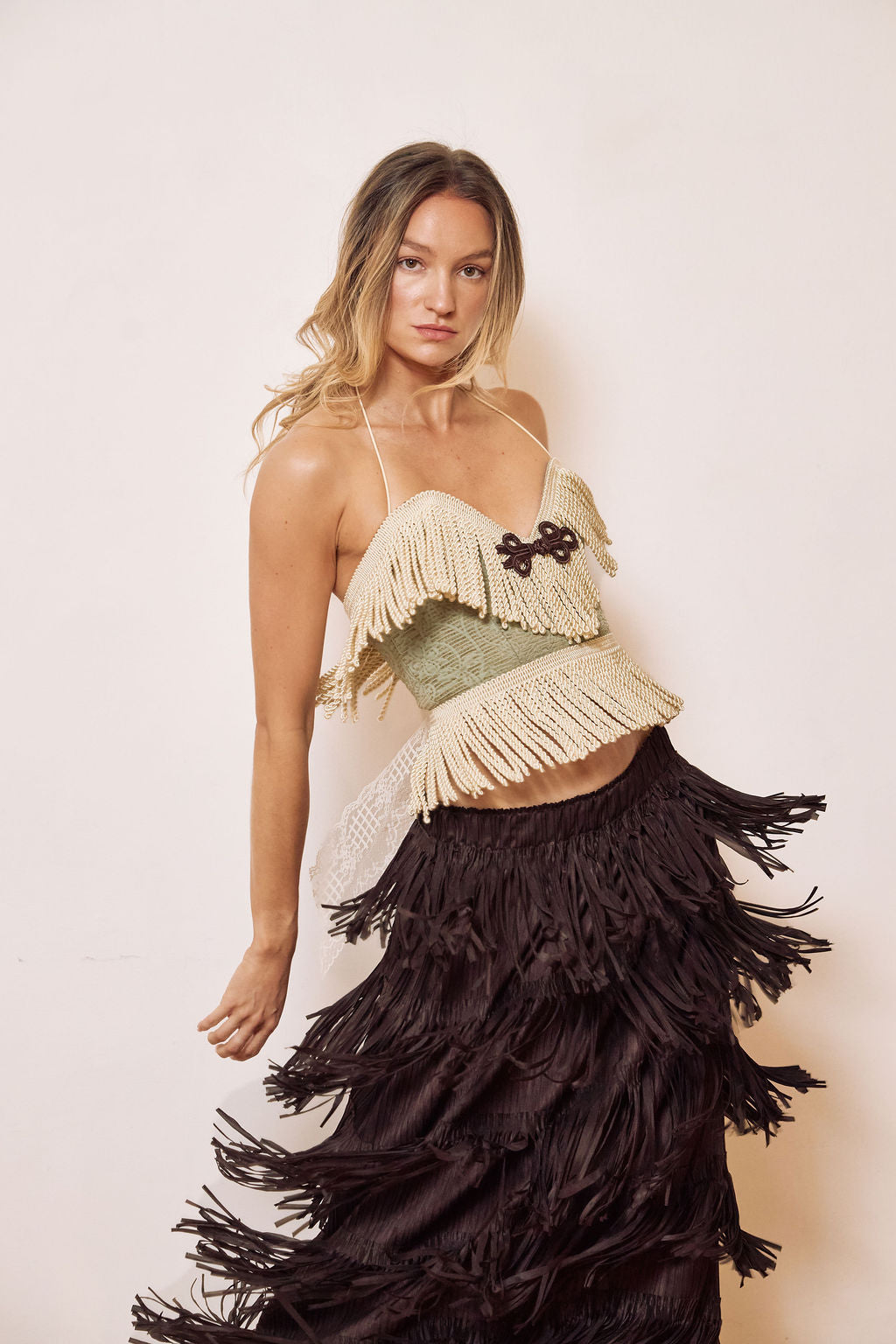 halter strap blue brocade fringe top adjustable lace back front frog closure