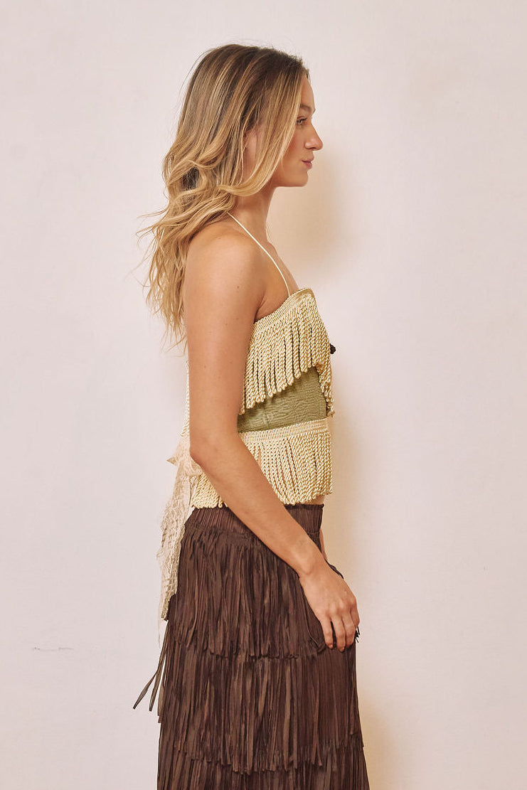 halter strap blue brocade fringe top adjustable lace back front frog closure