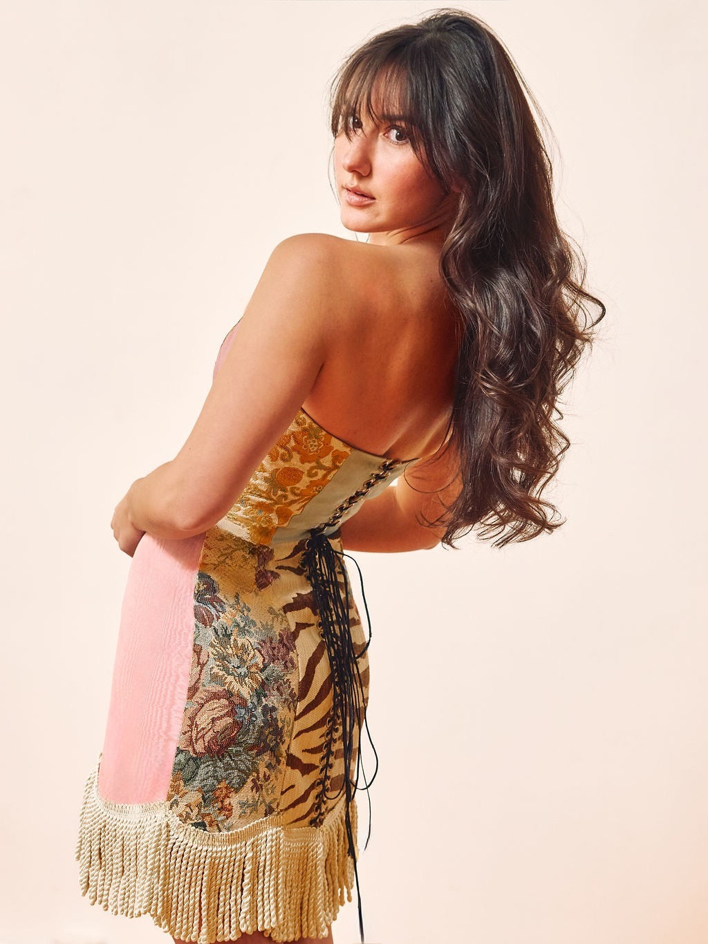 strapless upholstery tapestry corset mini dress fringe lace detail