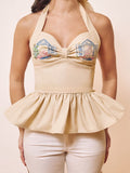 cream window embroidered bust tie neck halter peplum puff top