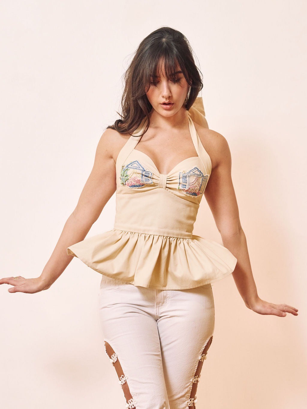 cream window embroidered bust tie neck halter peplum puff top
