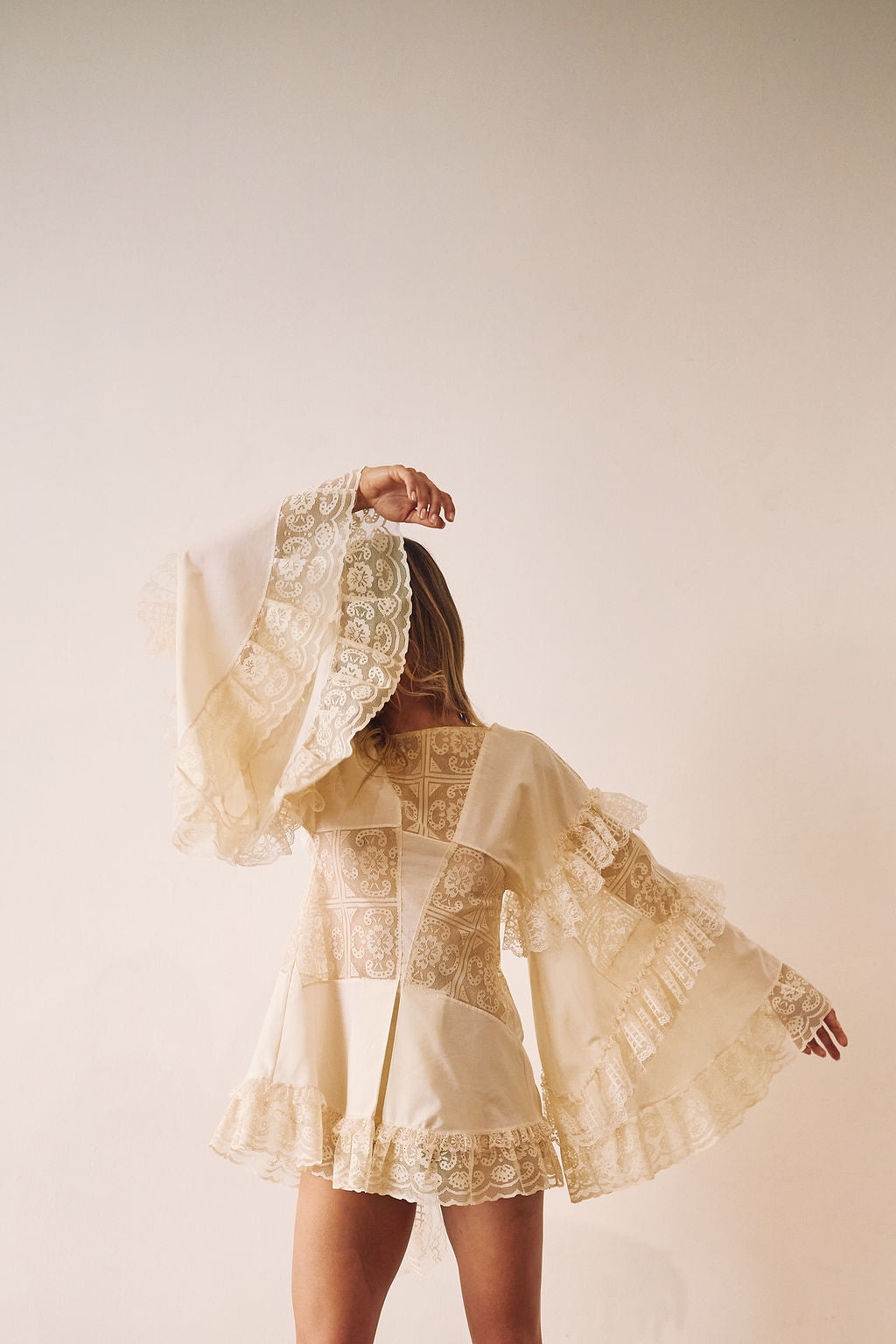 cream lace ruffle bell sleeve mini dress