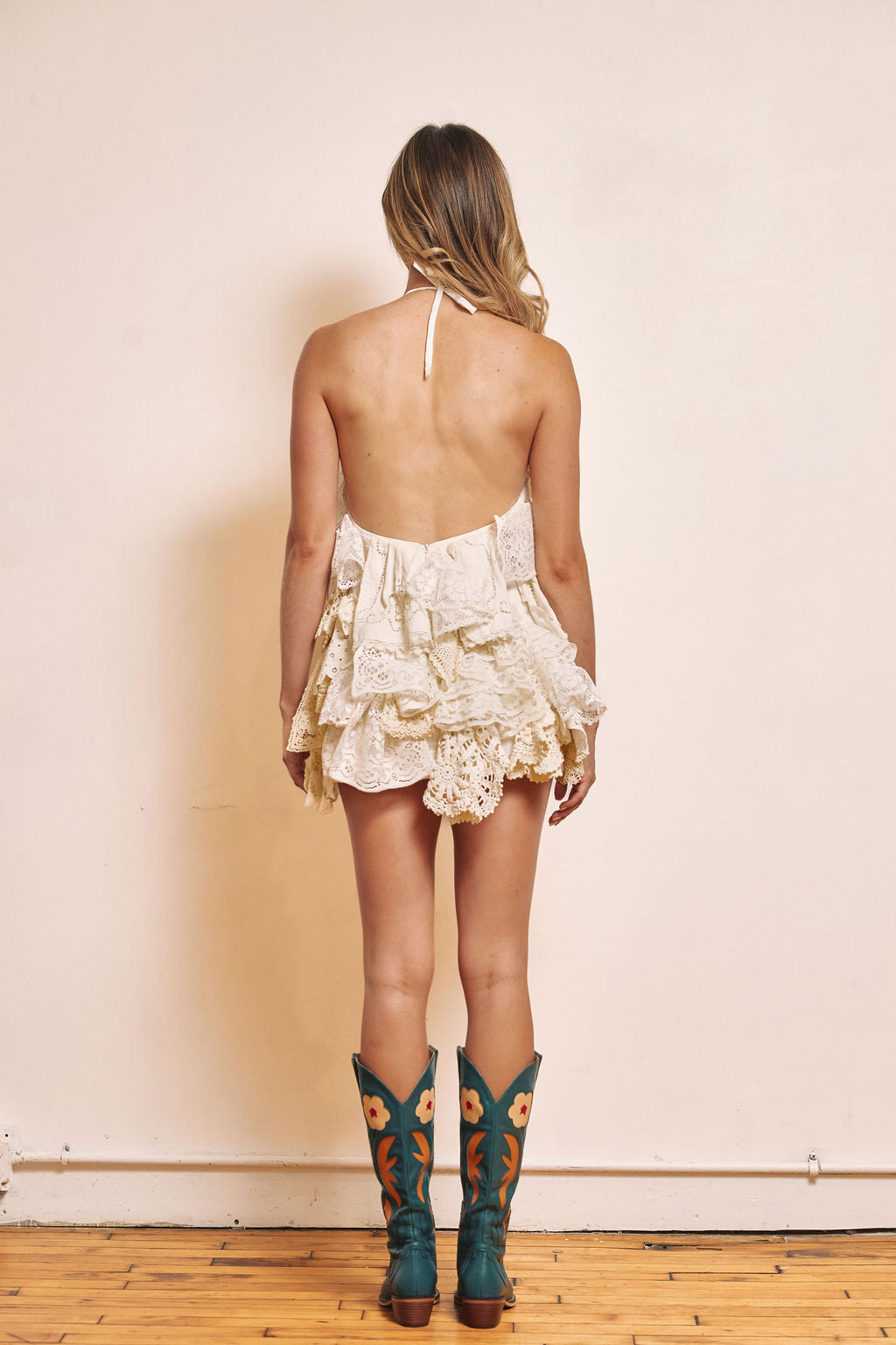 cream doily handkerchief tie back halter mini dress