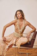 pink green cream brocade adjustable lace back corset plunging neckline fringe trim frog closure lace