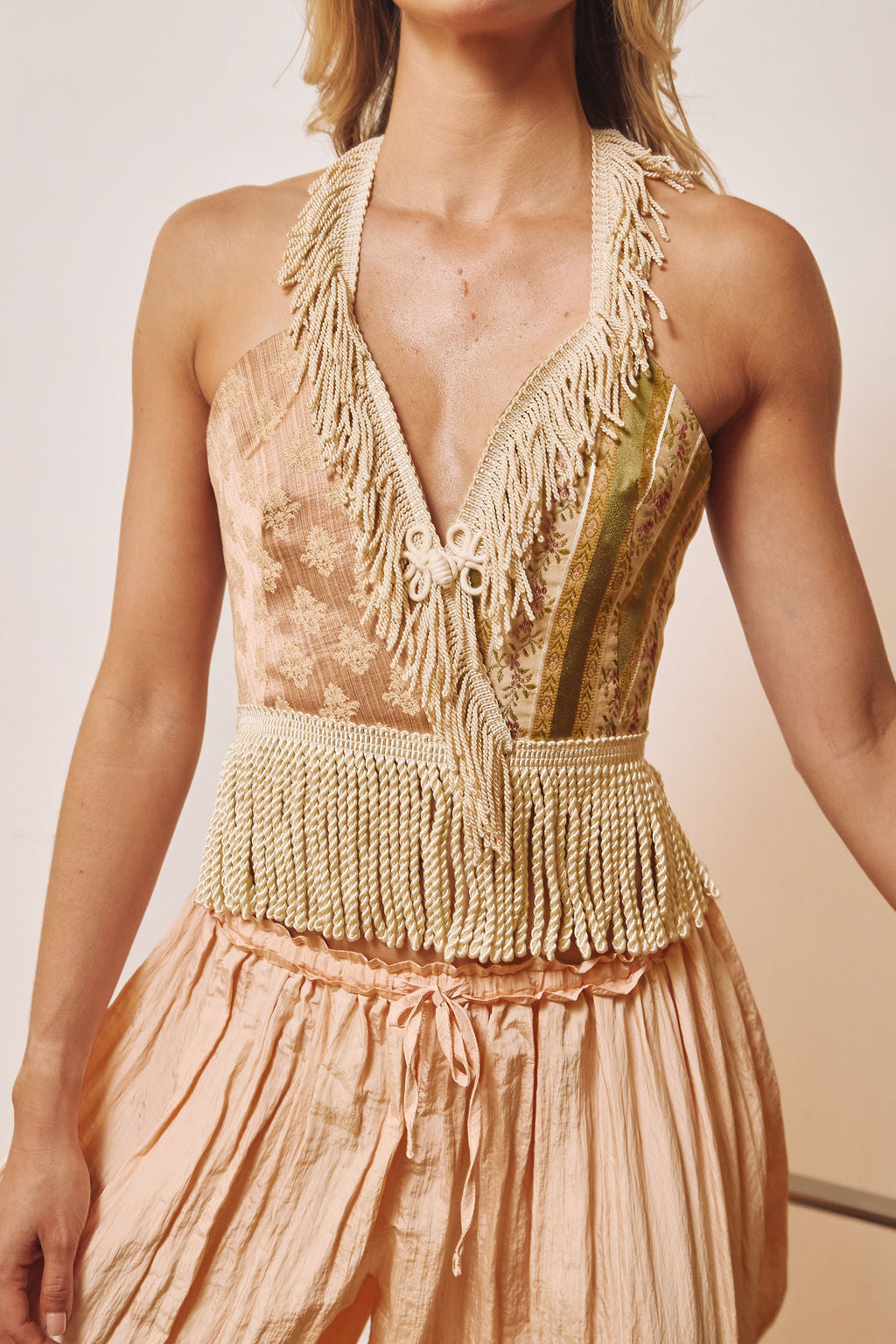 pink green cream brocade adjustable lace back corset plunging neckline fringe trim frog closure lace